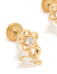 Gold Plated Surgical Steel Cubic Zirconia Flower Stem Flat Back Studs - link has visual effect only