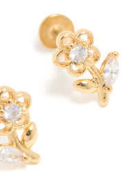 Gold Plated Surgical Steel Cubic Zirconia Flower Stem Flat Back Studs - link has visual effect only