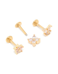Gold Plated Surgical Steel Cubic Zirconia Floral Flat Back Studs 3-Pack - link has visual effect only