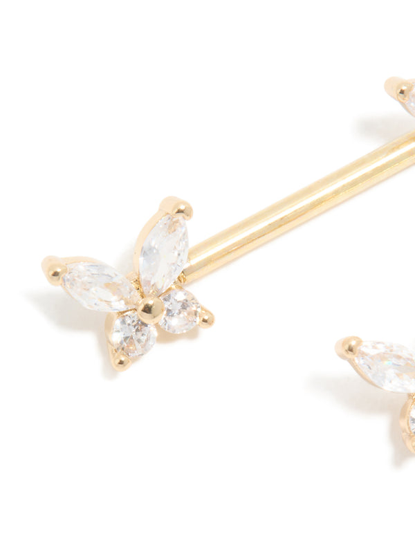 Gold Plated Titanium Cubic Zirconia Butterfly Nipple Bars