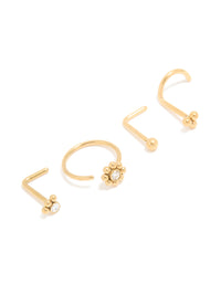 Gold Plated Titanium Cubic Zirconia Floral Nose Ring & Nose Studs 4-Pack - link has visual effect only