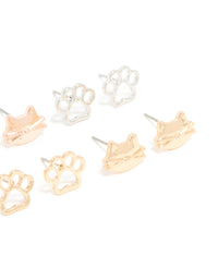 Kids Mixed Metal Dog Paw & Cat Face Stud Earrings 6-Pack - link has visual effect only
