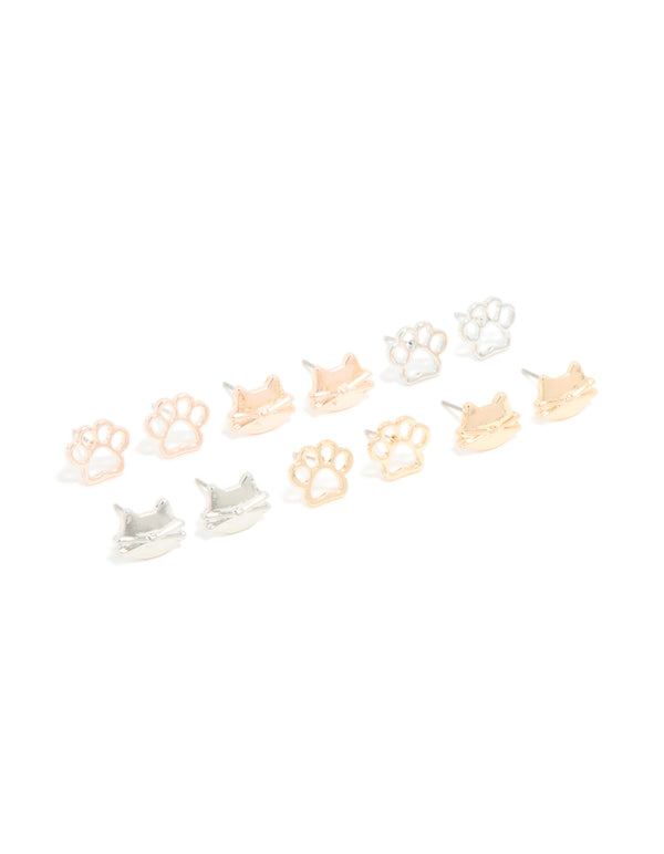 Kids Mixed Metal Dog Paw & Cat Face Stud Earrings 6-Pack