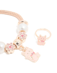 Kids Gold Pink Pearl Cat Stretch Charm Bracelet & Ring Set - link has visual effect only
