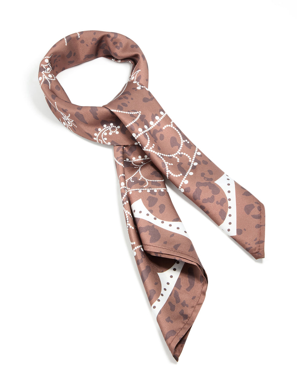 Showcasing a western leopard print fabric scarf in rosy brown and white front view