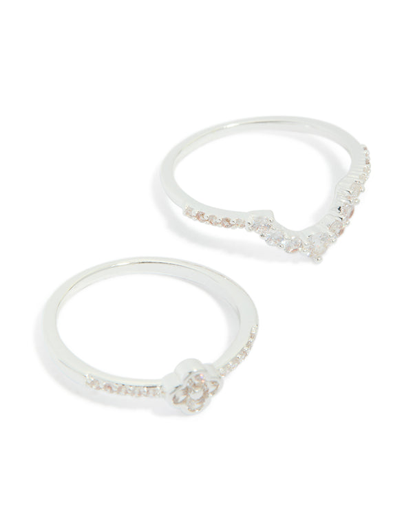 Crafted from silver plated material, these cubic zirconia dainty flower and band stacking rings in a 3-pack are highlighted close up view