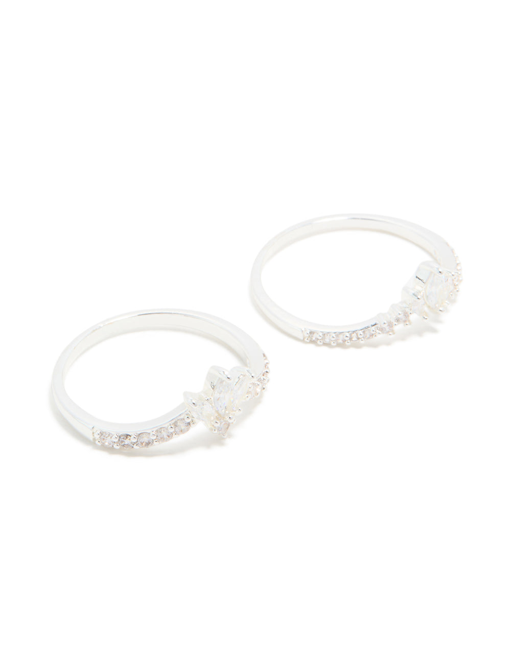 Silver Plated Cubic Zirconia Triple Leaf & Crown Stacking Rings 2-Pack