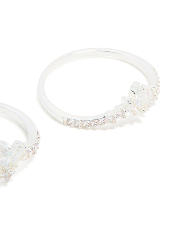 Silver Plated Cubic Zirconia Triple Leaf & Crown Stacking Rings 2-Pack
