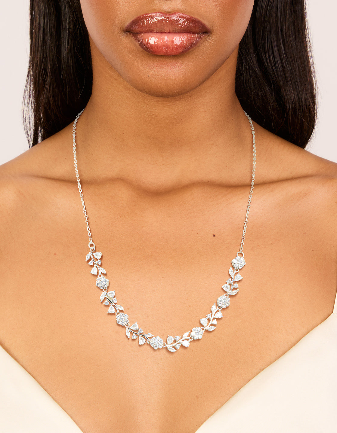 Silver Cubic Zirconia Flower & Vine Necklace