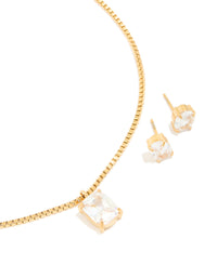 Gold Cubic Zirconia Pendant Necklace & Stud Earrings Set - link has visual effect only
