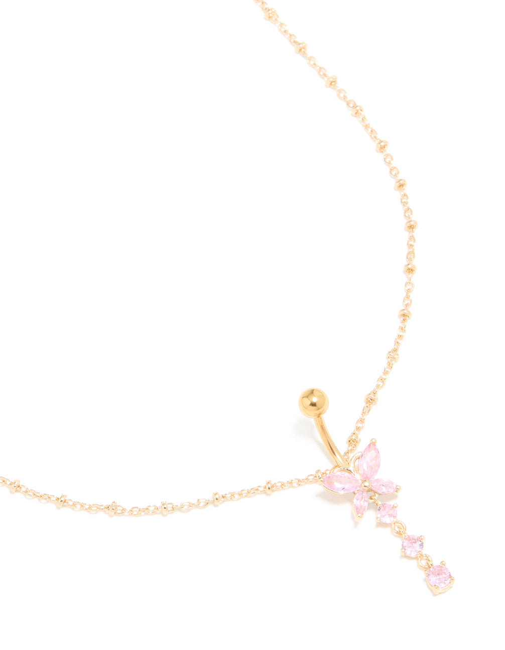 Gold Plated Surgical Steel Pink Cubic Zirconia Butterfly Belly Bar & Chain