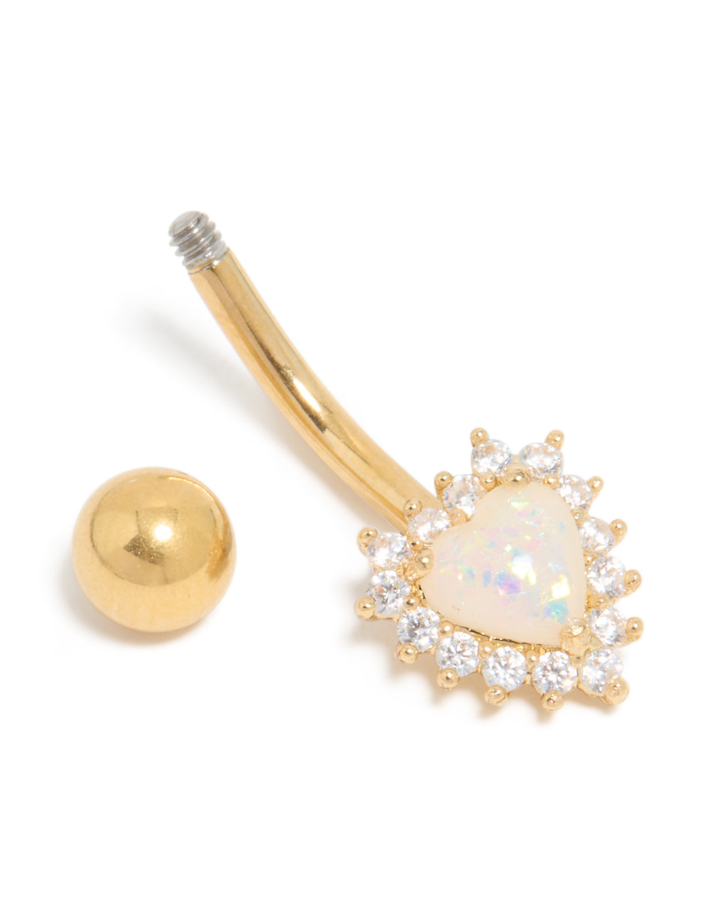 Gold Plated Surgical Steel Cubic Zirconia & White Opal Heart Belly Bar