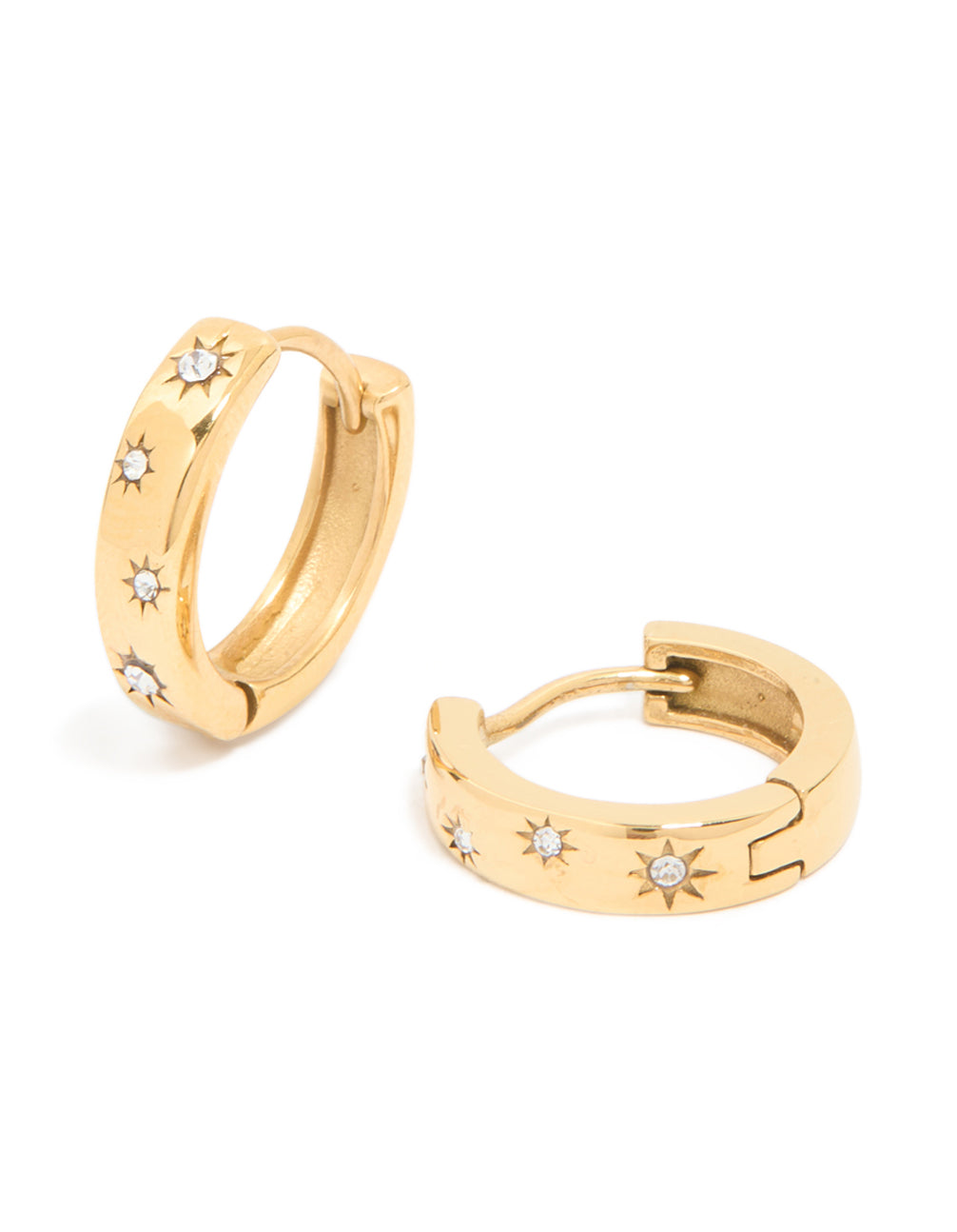 Showcasing waterproof gold plated stainless steel diamante star clicker hoop earrings front view