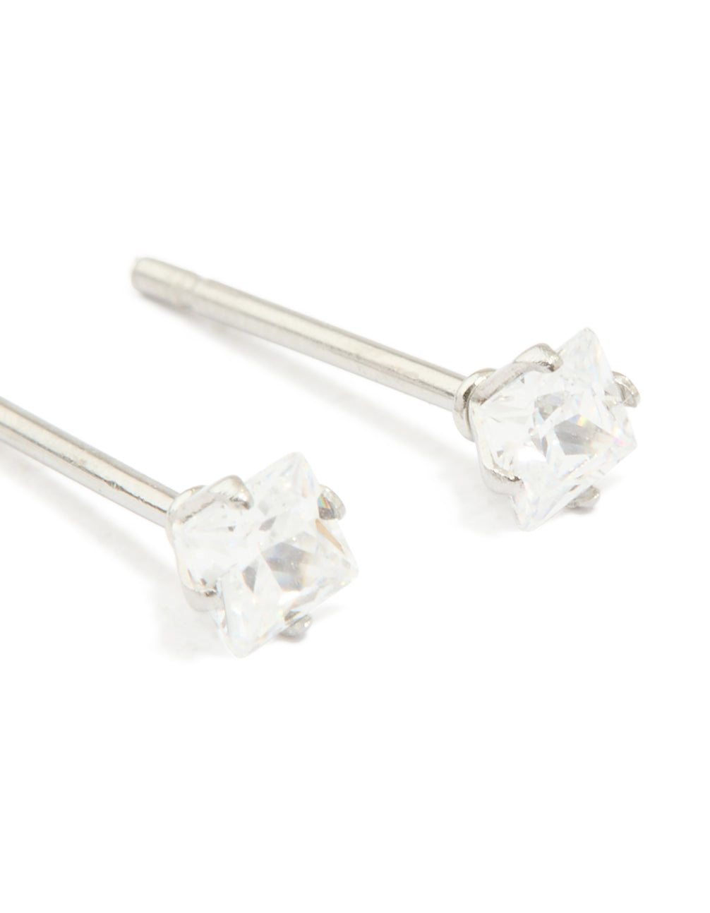 Elegant waterproof stainless steel prism cubic zirconia stud earrings in silver and clear post detail view