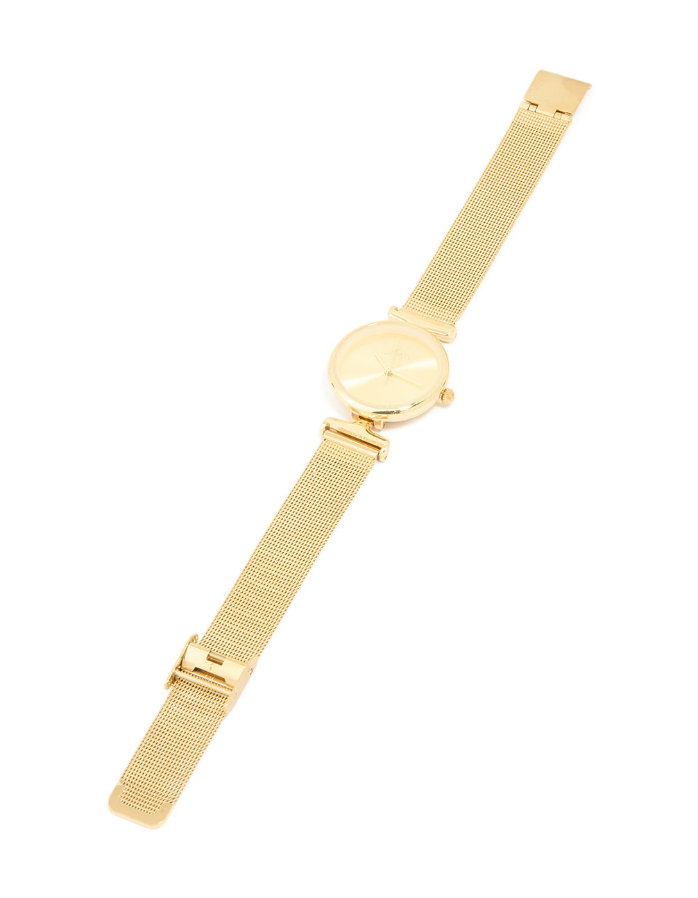 Designed with elegance, this statement round mesh watch with gold tone round dial shape, women's analog style in gold for casual occasions front view