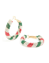 Gold Green Red & Clear Diamante Candy Cane Hoop Earrings - link has visual effect only