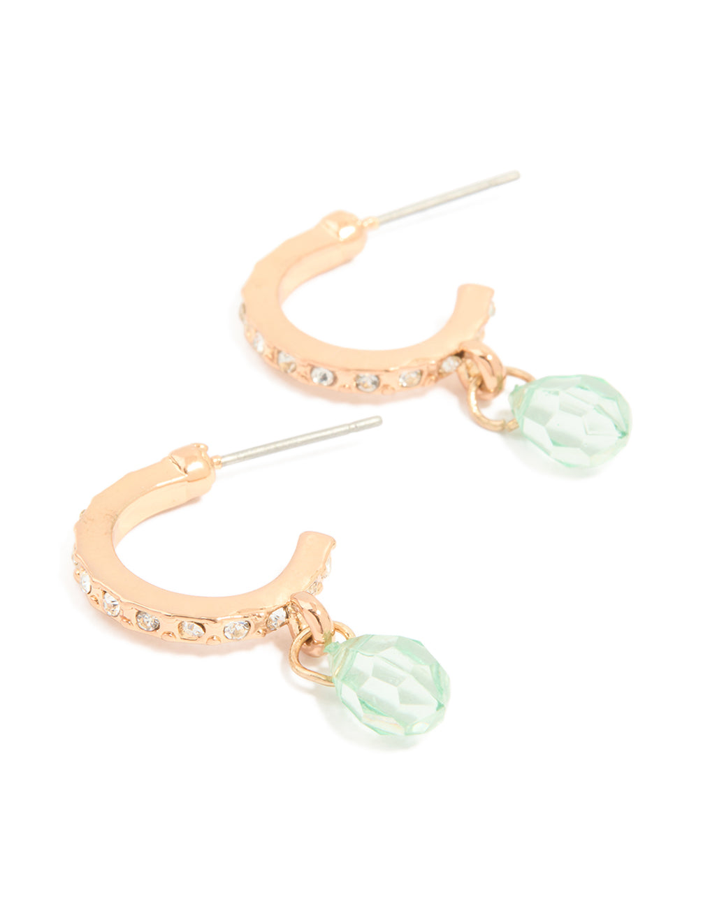 Gold Diamante & Green Beaded Drop Open Hoop Earrings