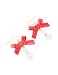 Gold Red Metallic Bow & Pearl Drop Earrings - link has visual effect only