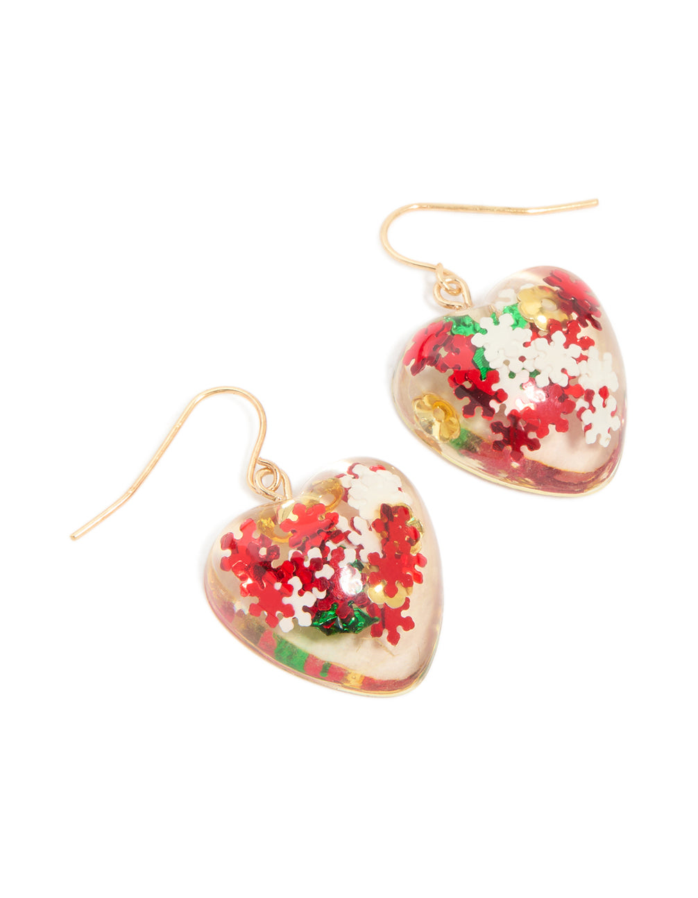 Gold Speckled Snowflakes Bubble Heart Drop Earrings