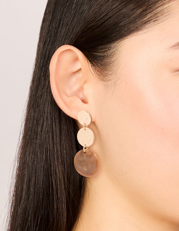 Gold Molten & Brown Stone Round Drop Earrings