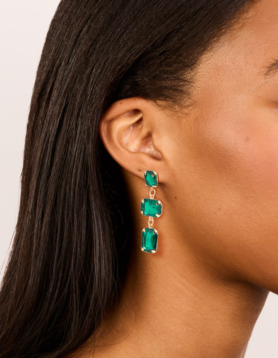 Gold Green Diamante Rectangles Drop Earrings