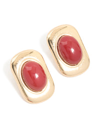 Gold Red Stone Rectangle & Oval Stud Earrings - link has visual effect only