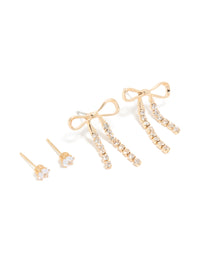 Gold Diamante Cup Chain Bow & Classic Stud Earrings 2-Pack - link has visual effect only