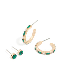 Gold Green Diamante Stud & Hoop Earrings 2-Pack - link has visual effect only