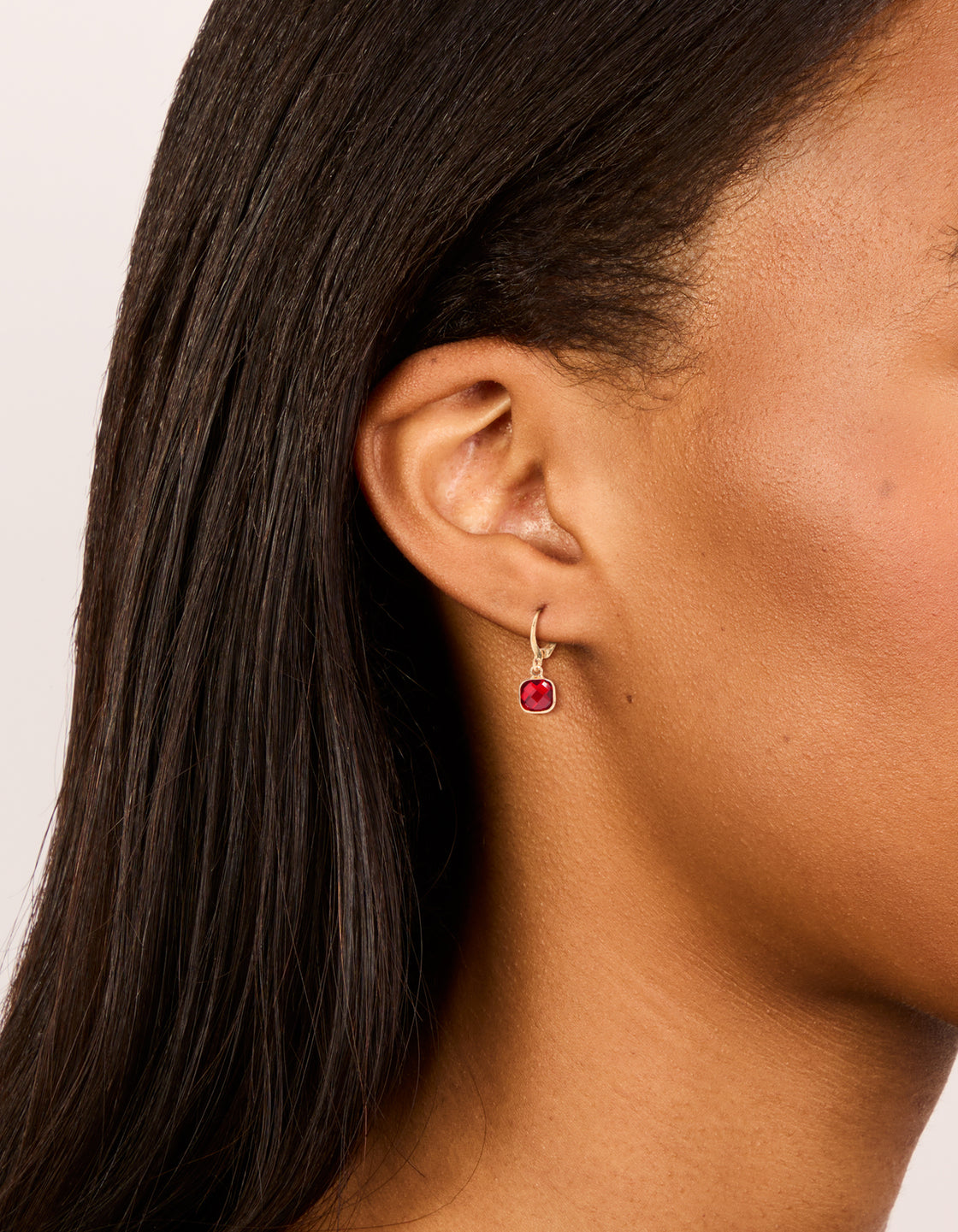 Gold Red Diamante Square Huggie Earrings