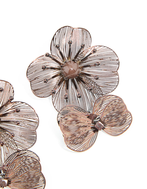 Brown Coated Metal Multi Lazer Cut Flower Drop Earrings