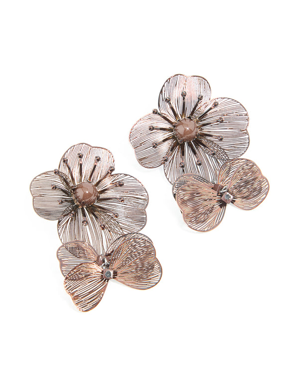 Brown Coated Metal Multi Lazer Cut Flower Drop Earrings