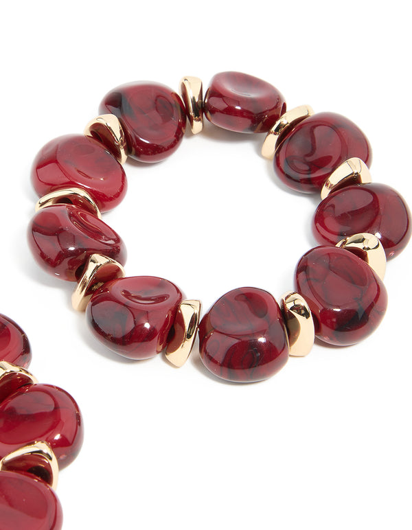 Red Acrylic & Gold Beaded Stretch Bracelets 2-Pack