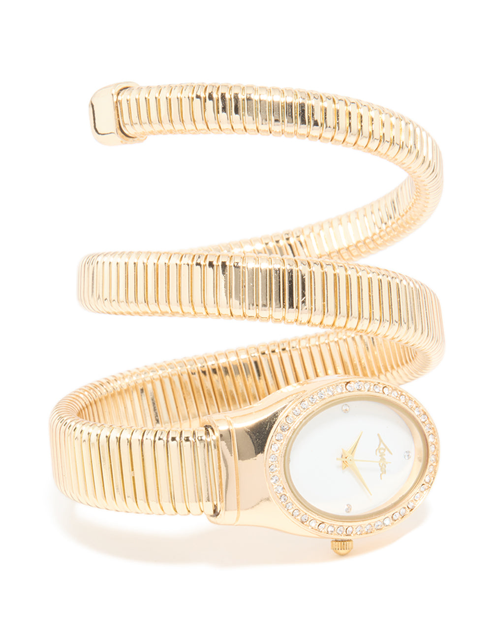 Showcasing a Gold Double Stretch Watch Cuff with white dial, link band, and casual styling in analog type for women front view