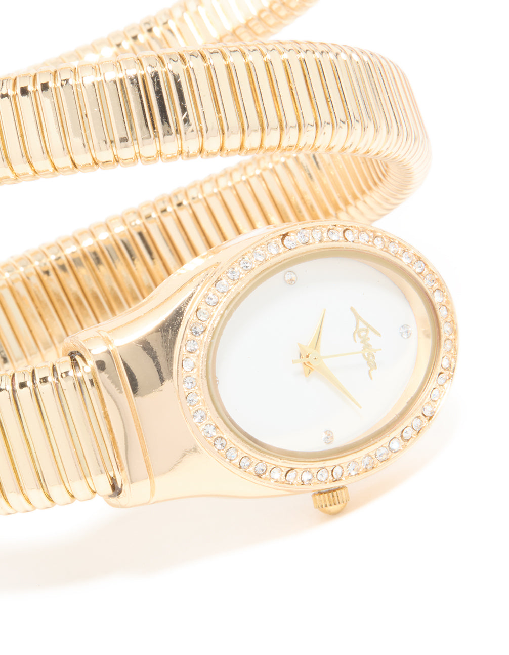 Crafted with precision, a Gold Double Stretch Watch Cuff featuring white dial, link band, and casual styling in analog type for women watch face detail view