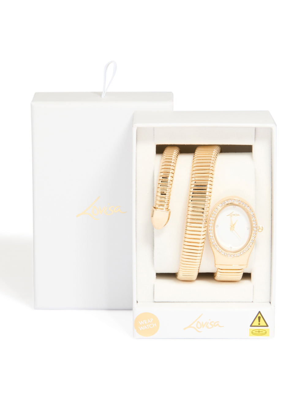 Designed with a Gold Double Stretch Watch Cuff featuring white dial, link band, and casual styling in analog type for women case detail view