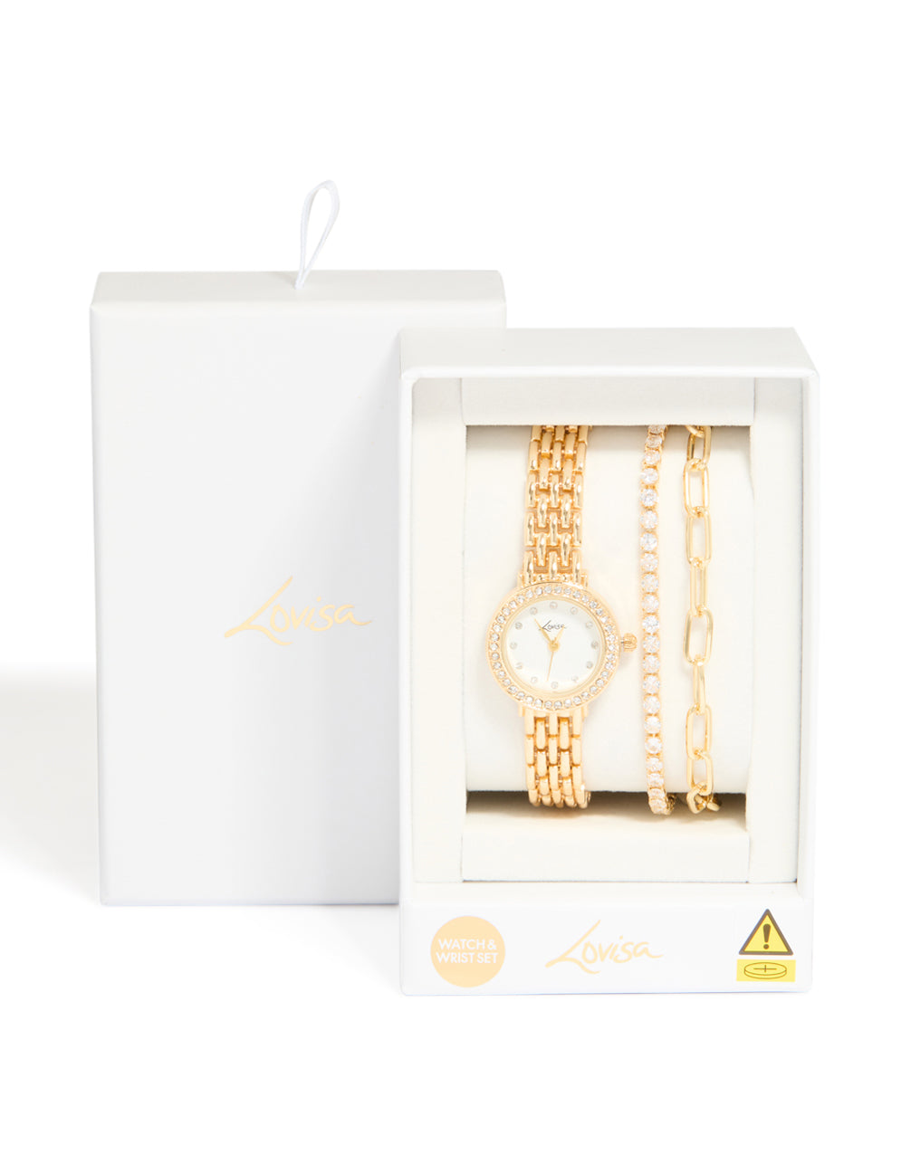 Designed with cubic zirconia this gold diamante watch and bracelets set features white dial stone look round shape for women casual occasions analog link band case detail view
