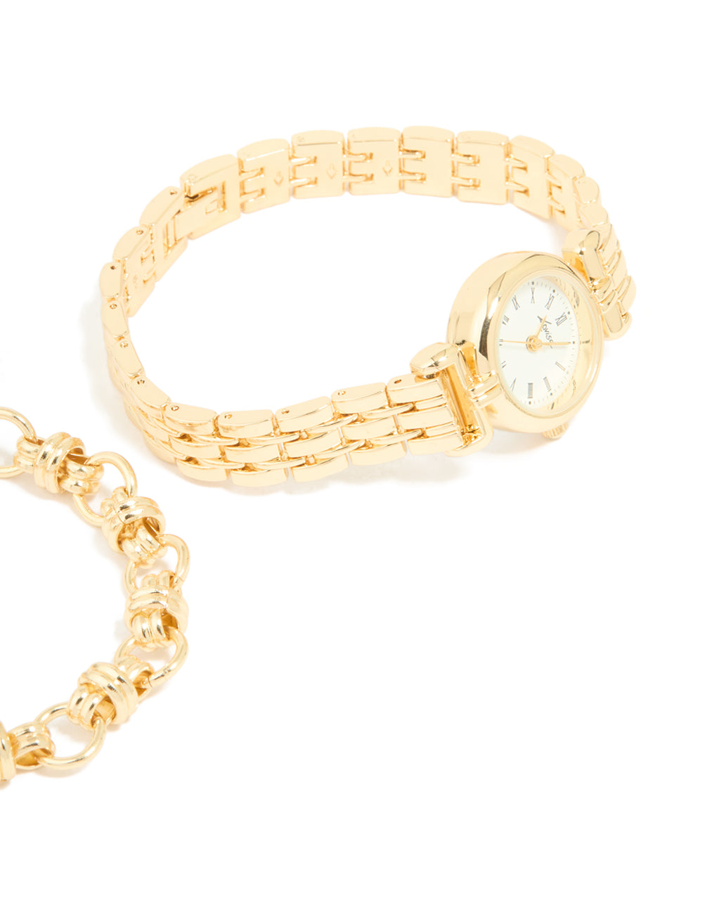 Designed with gold chain bracelet and watch set featuring white dial, roman numerals, round shape, link band strap, for women, formal occasions in a statement style watch face detail view