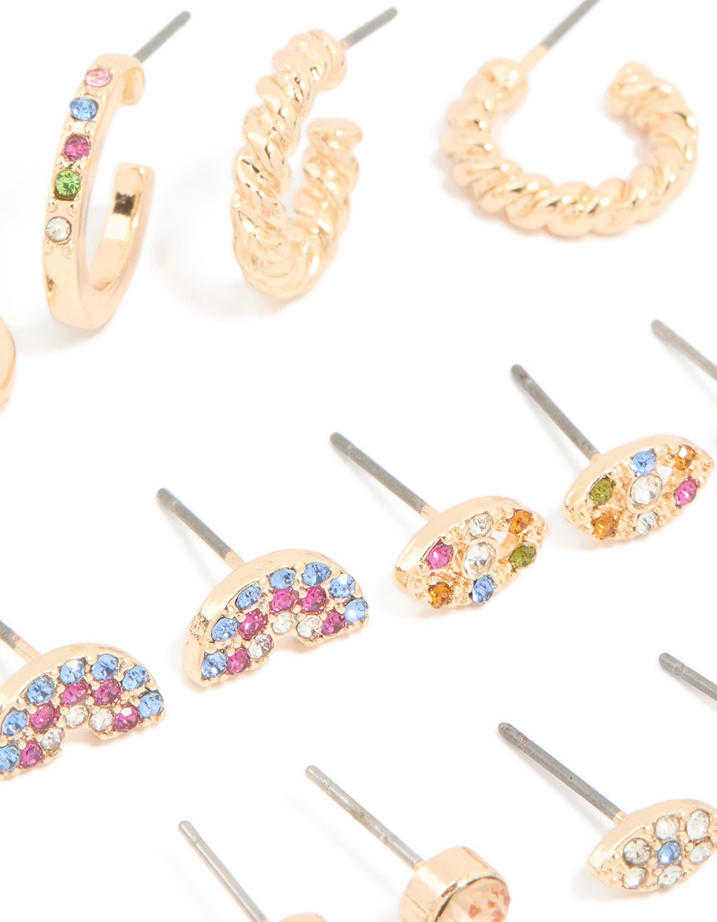 Gold Rainbow Diamante Stud & Hoop Earrings 8-Pack