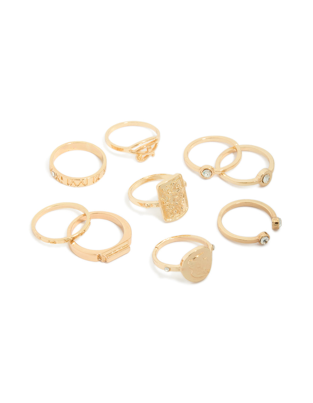 Gold Diamante Roman Numeral Rings 9-Pack
