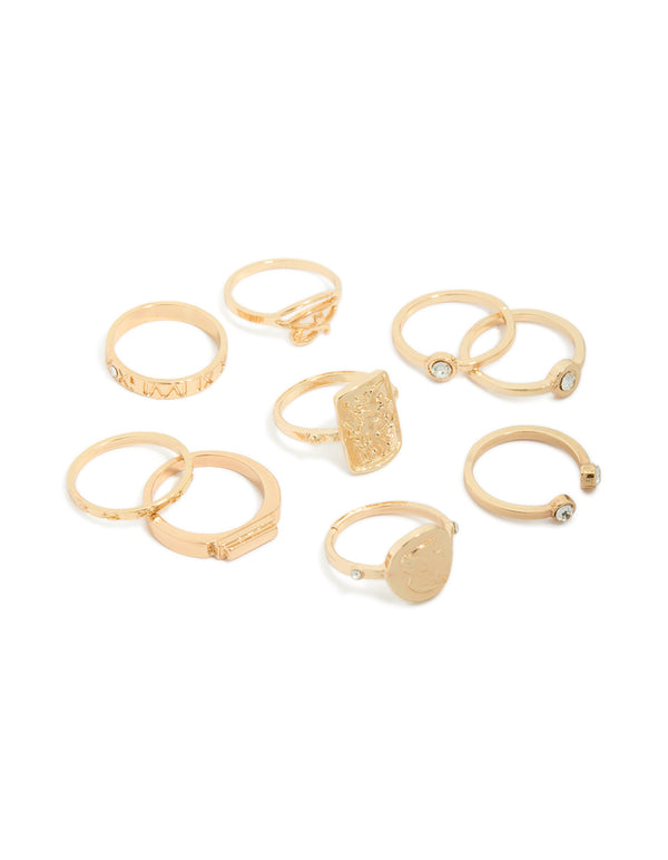 Gold Diamante Roman Numeral Rings 9-Pack
