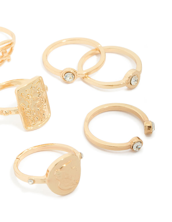 Gold Diamante Roman Numeral Rings 9-Pack