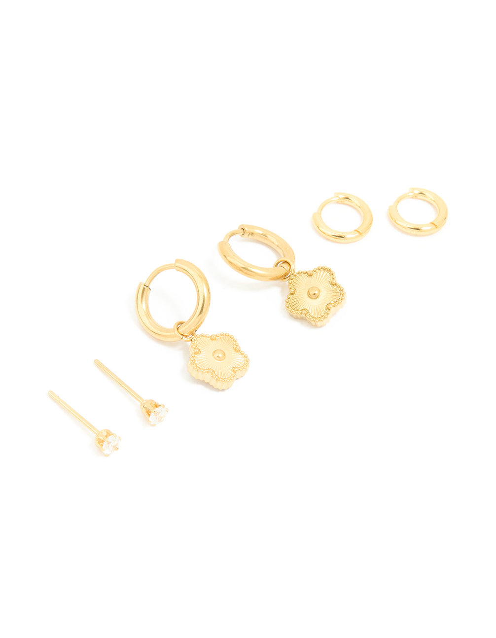 Waterproof Gold Plated Stainless Steel Flower Hoop & Cubic Zirconia Stud Earrings 3-Pack