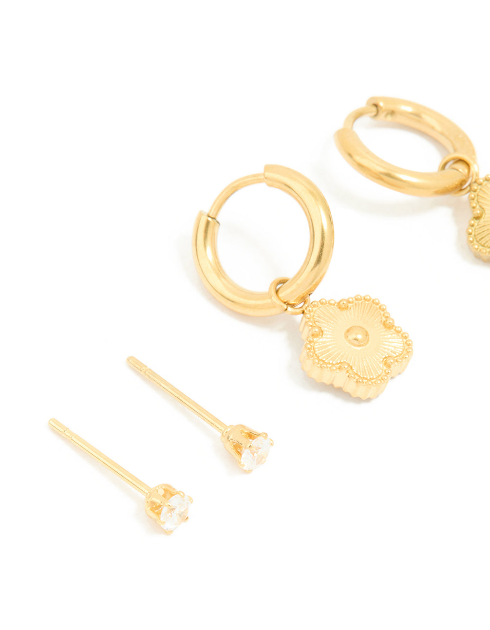 Waterproof Gold Plated Stainless Steel Flower Hoop & Cubic Zirconia Stud Earrings 3-Pack