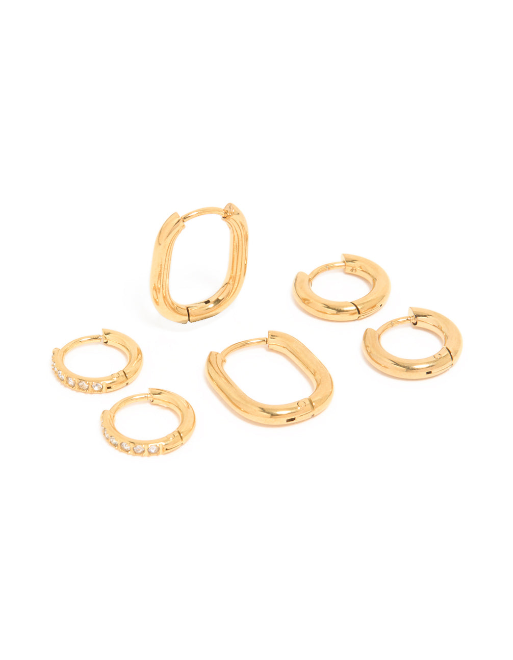 Waterproof Gold Plated Stainless Steel Oval & Cubic Zirconia Huggie Earrings 3-Pack