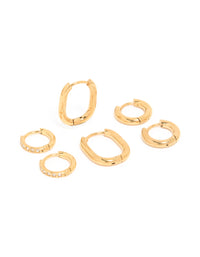 Waterproof Gold Plated Stainless Steel Oval & Cubic Zirconia Huggie Earrings 3-Pack - link has visual effect only