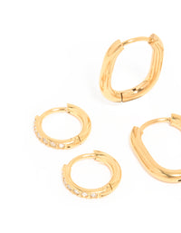 Waterproof Gold Plated Stainless Steel Oval & Cubic Zirconia Huggie Earrings 3-Pack - link has visual effect only