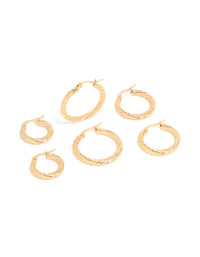 Waterproof Gold Plated Stainless Steel Twisted Multi-Sized Hoop Earrings 3-Pack - link has visual effect only
