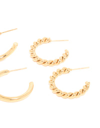 Waterproof Gold Plated Stainless Steel Smooth & Twisted Hoop Earrings 3-Pack - link has visual effect only