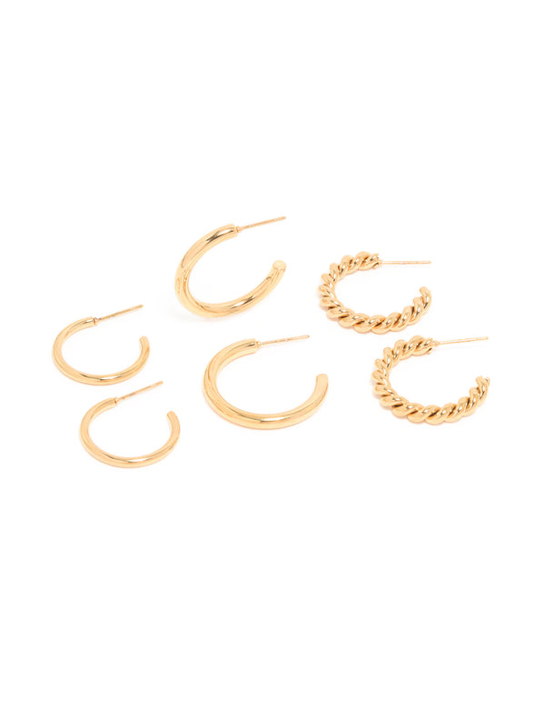 Waterproof Gold Plated Stainless Steel Smooth & Twisted Hoop Earrings 3-Pack