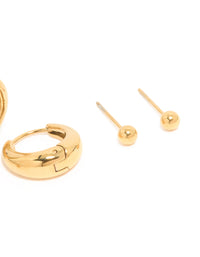 Waterproof Gold Plated Stainless Steel Hoop & Cubic Zirconia Stud Earrings 3-Pack - link has visual effect only